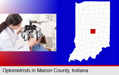 female optometrist performing a sight test; Marion County highlighted in red on a map