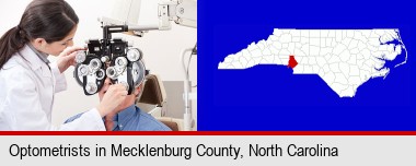 female optometrist performing a sight test; Mecklenburg County highlighted in red on a map