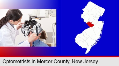 female optometrist performing a sight test; Mercer County highlighted in red on a map