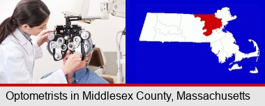 female optometrist performing a sight test; Middlesex County highlighted in red on a map