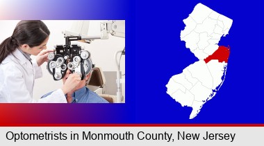 female optometrist performing a sight test; Monmouth County highlighted in red on a map