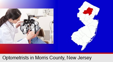 female optometrist performing a sight test; Morris County highlighted in red on a map
