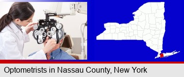 female optometrist performing a sight test; Nassau County highlighted in red on a map