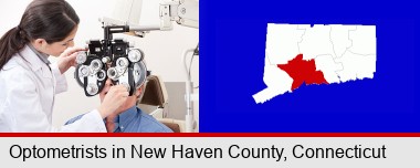 female optometrist performing a sight test; New Haven County highlighted in red on a map