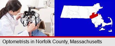 female optometrist performing a sight test; Norfolk County highlighted in red on a map