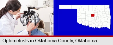 female optometrist performing a sight test; Oklahoma County highlighted in red on a map