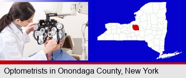female optometrist performing a sight test; Onondaga County highlighted in red on a map