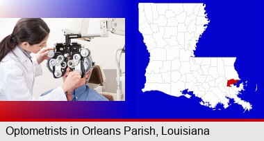 female optometrist performing a sight test; Orleans Parish highlighted in red on a map