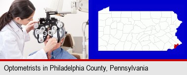 female optometrist performing a sight test; Philadelphia County highlighted in red on a map