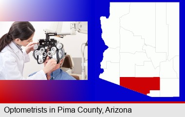 female optometrist performing a sight test; Pima County highlighted in red on a map