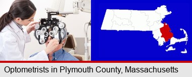 female optometrist performing a sight test; Plymouth County highlighted in red on a map