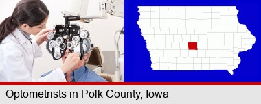 female optometrist performing a sight test; Polk County highlighted in red on a map
