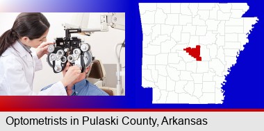 female optometrist performing a sight test; Pulaski County highlighted in red on a map