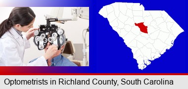 female optometrist performing a sight test; Richland County highlighted in red on a map