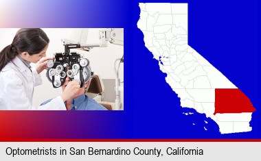 female optometrist performing a sight test; San Bernardino County highlighted in red on a map