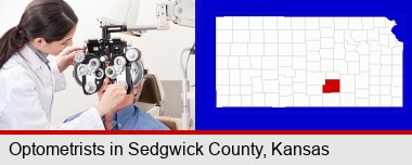 female optometrist performing a sight test; Sedgwick County highlighted in red on a map