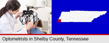 female optometrist performing a sight test; Shelby County highlighted in red on a map