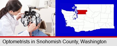 female optometrist performing a sight test; Snohomish County highlighted in red on a map