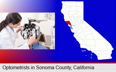 female optometrist performing a sight test; Sonoma County highlighted in red on a map