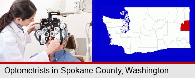 female optometrist performing a sight test; Spokane County highlighted in red on a map