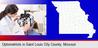 female optometrist performing a sight test; St Louis City highlighted in red on a map