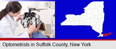 female optometrist performing a sight test; Suffolk County highlighted in red on a map