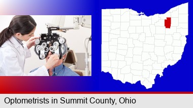 female optometrist performing a sight test; Summit County highlighted in red on a map
