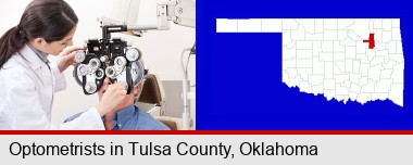 female optometrist performing a sight test; Tulsa County highlighted in red on a map