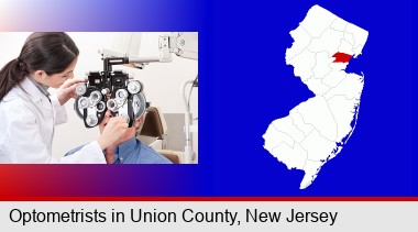 female optometrist performing a sight test; Union County highlighted in red on a map