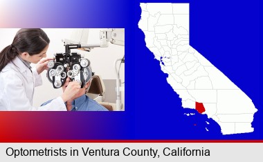 female optometrist performing a sight test; Ventura County highlighted in red on a map