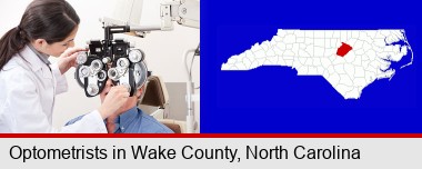 female optometrist performing a sight test; Wake County highlighted in red on a map
