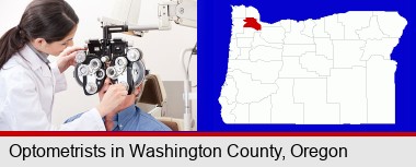 female optometrist performing a sight test; Washington County highlighted in red on a map