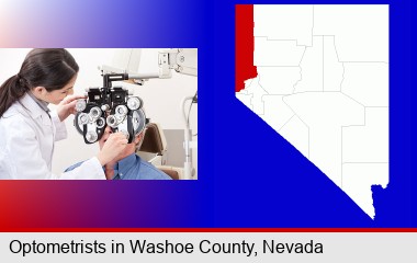 female optometrist performing a sight test; Washoe County highlighted in red on a map