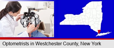 female optometrist performing a sight test; Westchester County highlighted in red on a map