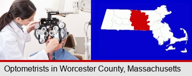 female optometrist performing a sight test; Worcester County highlighted in red on a map